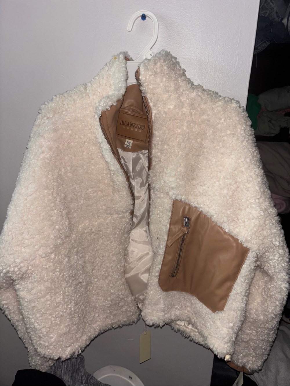 Blank NYC Cream Sherpa Teddy Jacket with Tan Faux-Leather Pocket